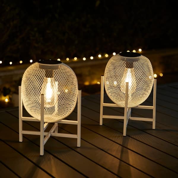 Glitzhome White Metal Outdoor Solar Lantern with Stand (Set of 2) Bed